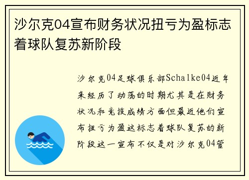 沙尔克04宣布财务状况扭亏为盈标志着球队复苏新阶段
